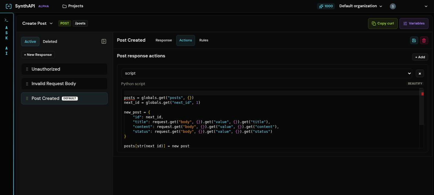 Create Post response showing a script-based post-response action