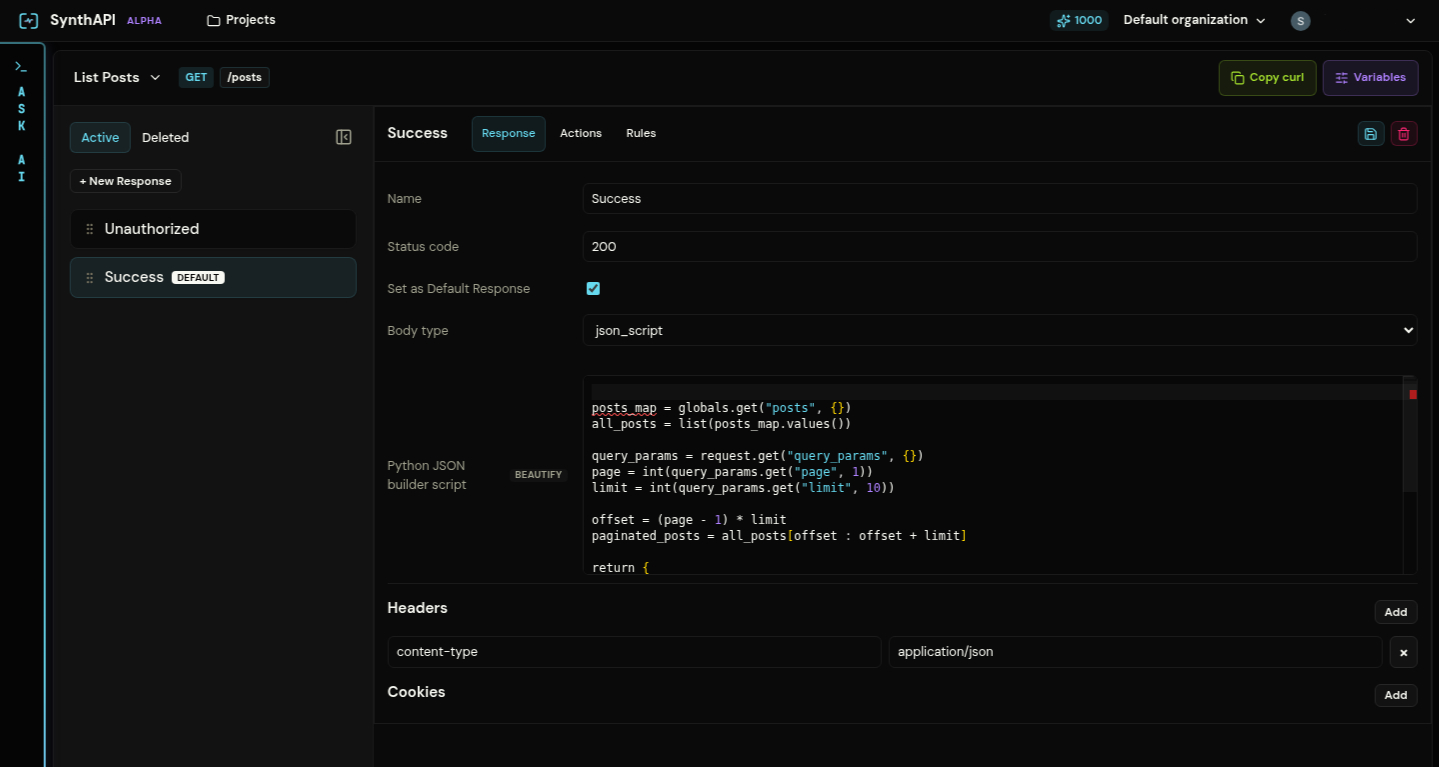List Posts response editor showing ordered responses and a json_script body
