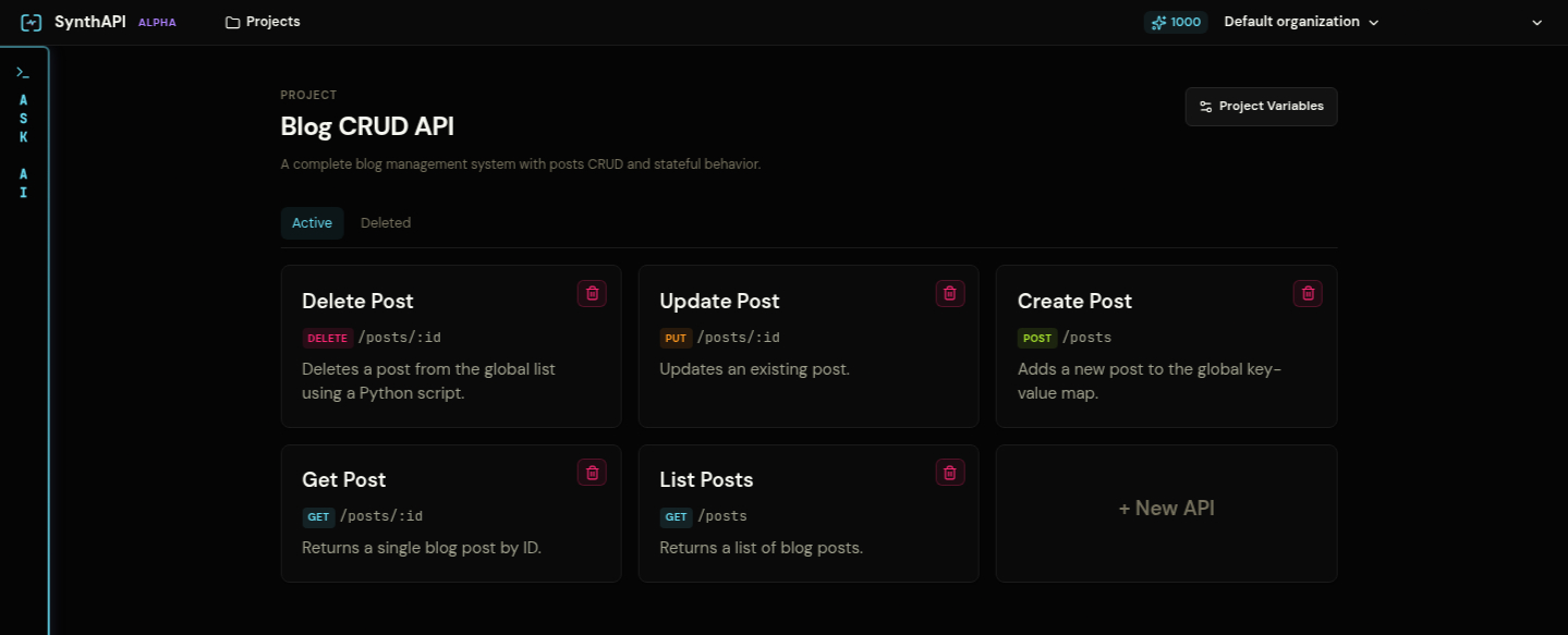 Blog CRUD project overview with the seeded APIs