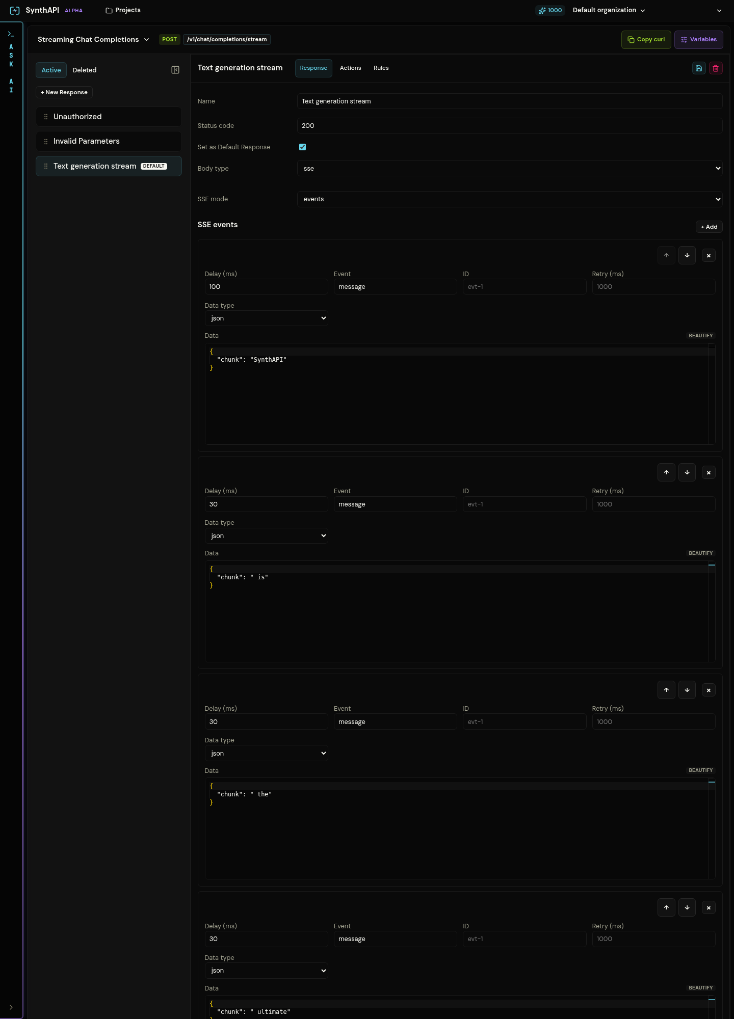 Streaming chat completions response showing SSE event configuration
